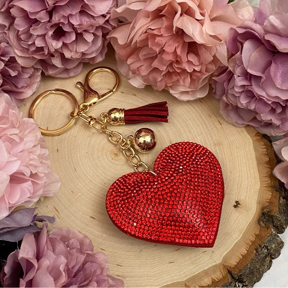 Red Rhinestone Heart Pendant with Tassel Keychain Charm - Picture 3 of 9
